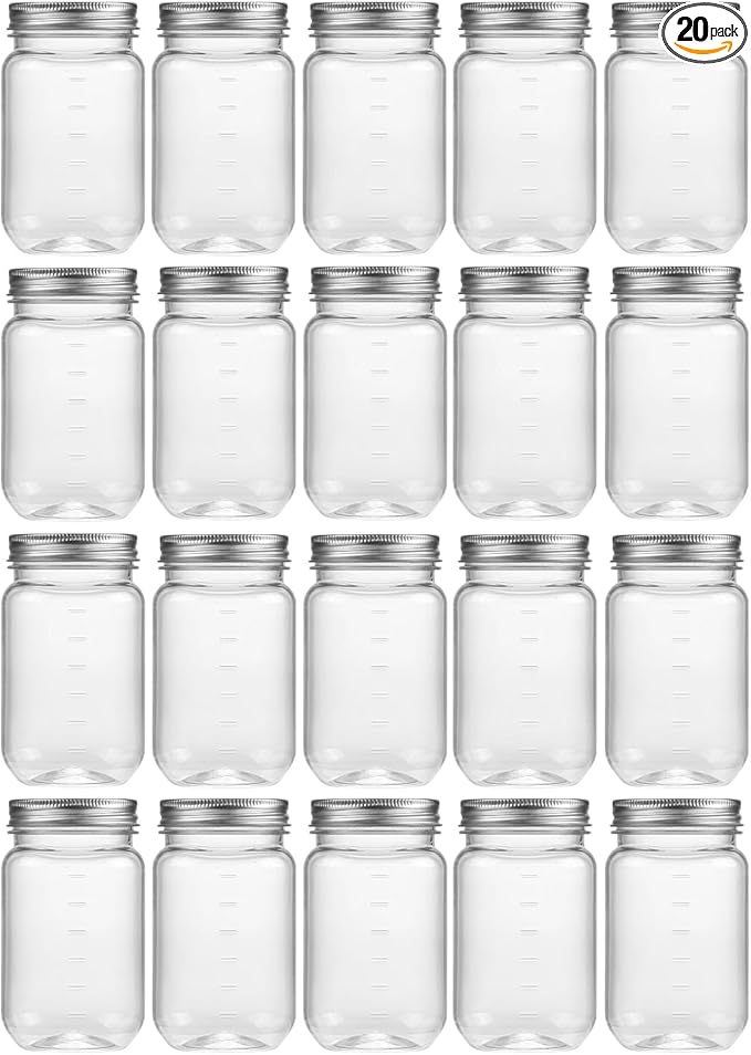 novelinks 16 oz Clear Plastic Jars with Lids, Refillable 16oz Mason Jars with Lids & Storage Containers for Kitchen & Household Use (20 Pack,Silver)