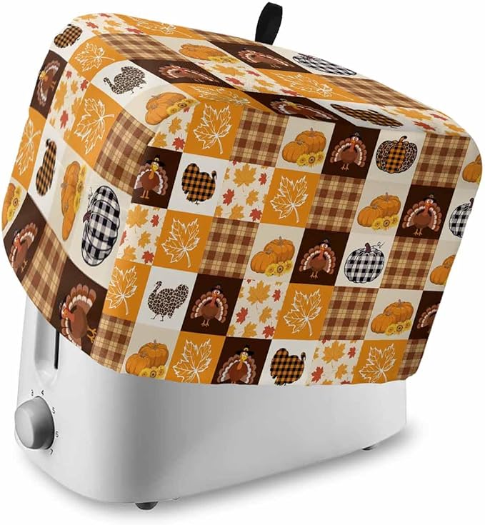 Orange Plaid Fall Toaster Cover 2 Slice, Thanksgiving Pumpkins Turkey Dustproof Bakeware Oven Protector with Top Hook, Maple Leaf Waterproof Small Kitchen Appliance Toasters Dust Cover, 12"x7.5"x8"
