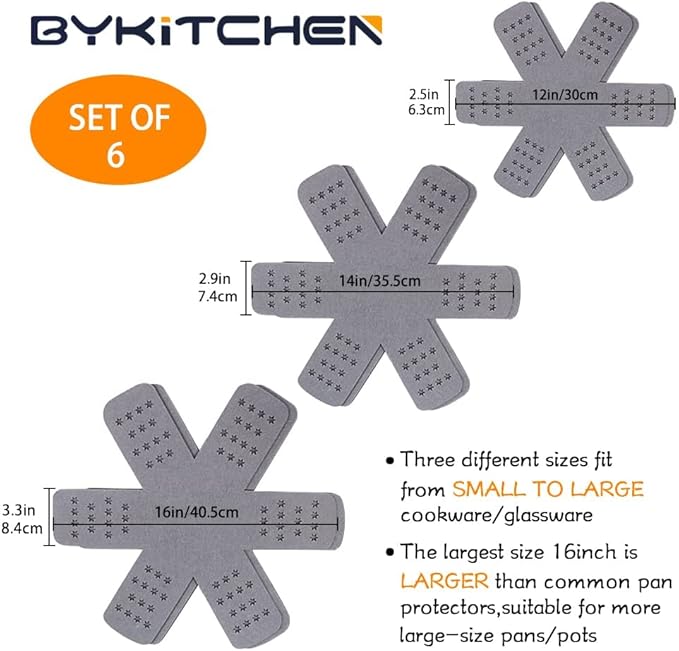 BYKITCHEN Pan and Pot Protectors, Larger & Thicker Pan Protectors with Stars, Set of 6 and 3 Different Sizes, Pot Protectors for Stacking and Protecting Your Cookware