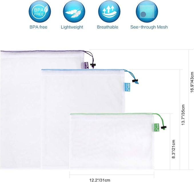 SPLF 12 Pcs Heavy Duty Reusable Mesh Produce Bags, Barcode Scanable See Through Food Safe Mesh Bags with Drawstring for Fruits, Vegetable, Food, Toys, Grocery Storage, Large Medium Small