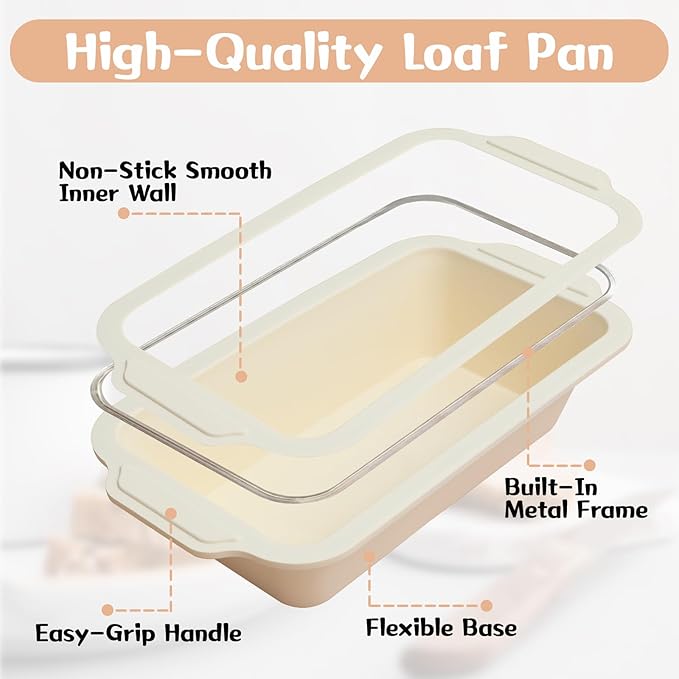 1 pc Silicone Bread Loaf Pans for Homemade Bread with Metal Frame, 9.5 x 5 Inch Non Stick Silicon Banana Loaf Pan for Oven, Silicone Baking Mold for Brownies,Sandwiches (Beige)