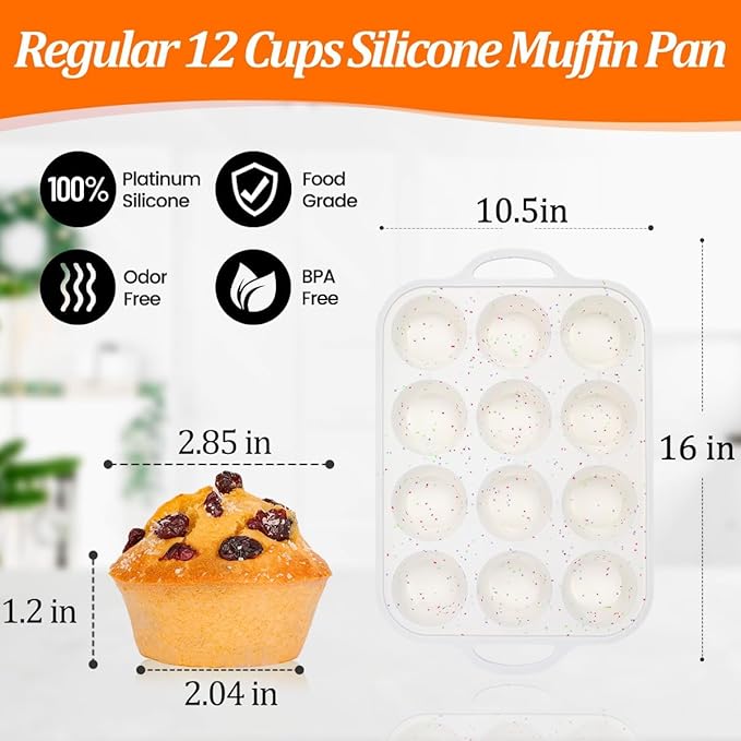 CAKETIME Silicone Muffin Pan, Metal Reinforced Frame Regular Size 2.8 Inch Cupcake Pan with Handle 12 Cups Nonstick Muffin Tray for Baking BPA Free 1 Pack Confetti