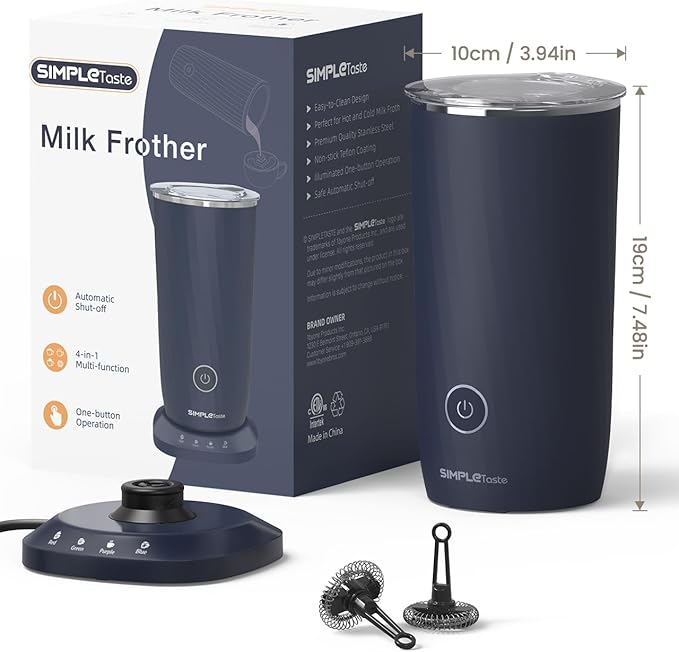 SIMPLETASTE Milk Frother, 4-in-1 Electric Milk Frother and Steamer, Automatic Warm and Cold Foam Maker and Milk Warmer for Latte, Cappuccinos, Dark Blue