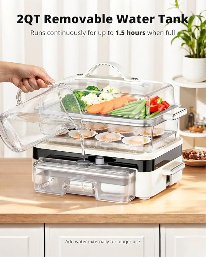 AIRMSEN Glass Food Steamer for Cooking - 8.5QT Vegetable Steamer with 2-Tier Stainless Steel Trays, 1200W Super Fast Heating for Veggies, Seafood & Rice, BPA-Free