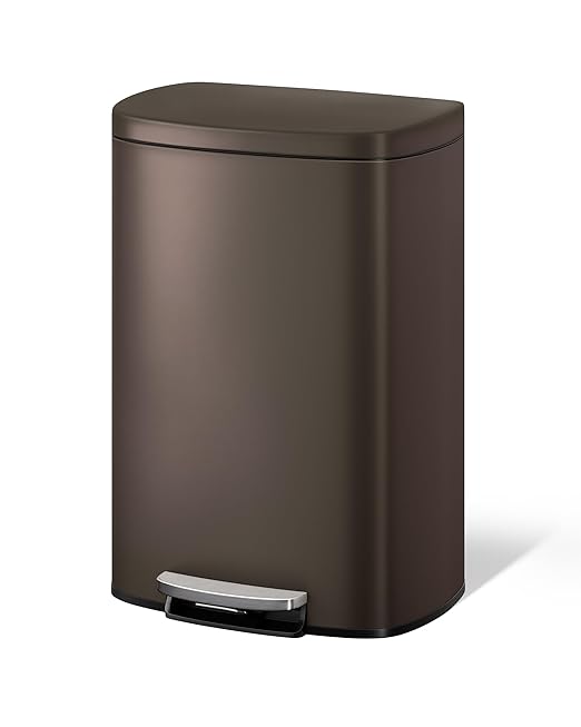 Garvee 13 gal / 50 L Metal Kitchen Trash Can with Lid, Large Rustproof Garbage Can for Kitchen, Step-on Trash Bin with Inner Bucket, Rear Handle, Soft Close Lid, Brown