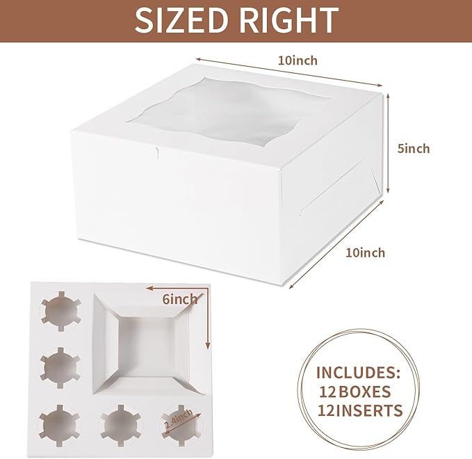 Bento Cake Box With Cupcakes, Clear Window 6 Holes Bento Combination,12 Sets: Cookie Boxes Fit 5 Regular Cupcake and Mini Cakes, Christmas Wedding Birthday Party (White/clear, 1+5/12pcs)