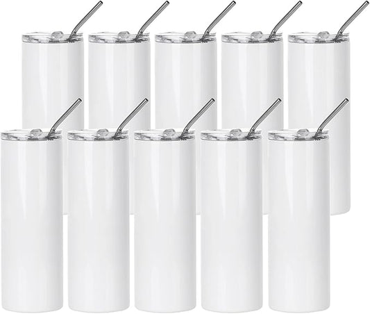 PYD Life 10 Pack Sublimation Tumblers Bulk Blank 20 OZ Skinny White Stainless Steel Tumbler Cups with Straw and Lid for Mug Tumbler Heat Press Sublimation Oven Printing