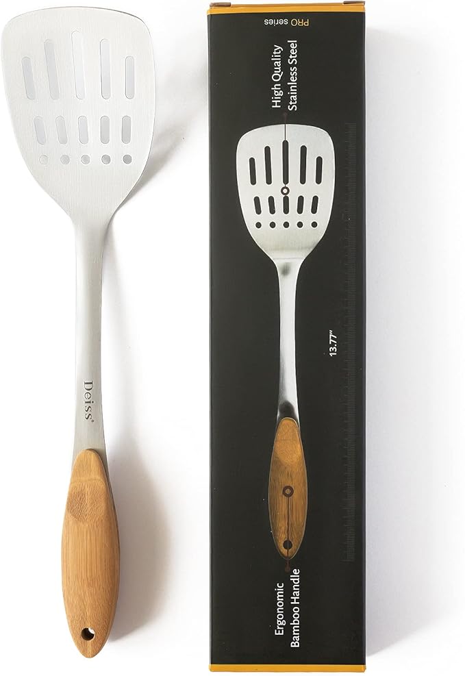 Deiss PRO Metal Spatula with Comfortable Wooden Handle - Kitchen Turner for Scraping, Turning Meat, Mixing Scrambled Eggs - Heat Resistant, Fish, Pancake Spatula (WOODEN)