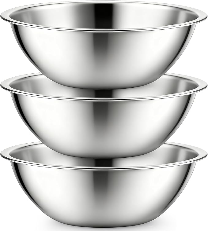 Suwimut 3 Pack Stainless Steel Mixing Bowls, 6 Quart Flat Base Stainless Steel Serving Bowls, 12.6 Inch Mirror Polish Large Metal Bowl Set for Kitchen Cooking, Baking, Prepping