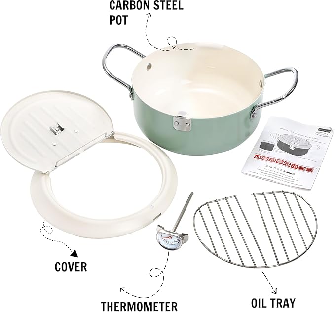 ZOOFOX Deep Fryer Pot with Thermometer, Japanese Frying Pot with Lid and Oil Drain Rack, Non-stick Tempura Fryer Pan for Kitchen French Fries, Chicken, Seafood