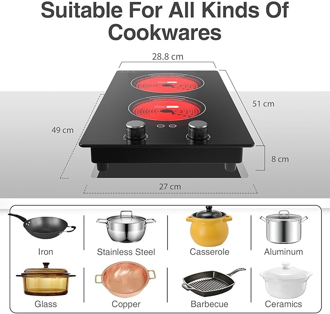 VBGK Electric Cooktop,110V 2400W Electric Stove Top with Knob Control,9 Power Levels, Kids Lock & Timer,LED touch control,Overheat Protection Electric stove,24 Inch desktop 2 burner