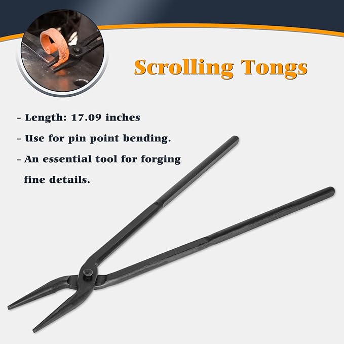 Blacksmith Knife Making Tongs Set - 3/8" 1/2" 5/8" V-Bit, 1/4 Flat Jaw, Pick Up, Scroll - Assembled Blacksmithing Bladesmith Steel Forge Tongs (6PCS)
