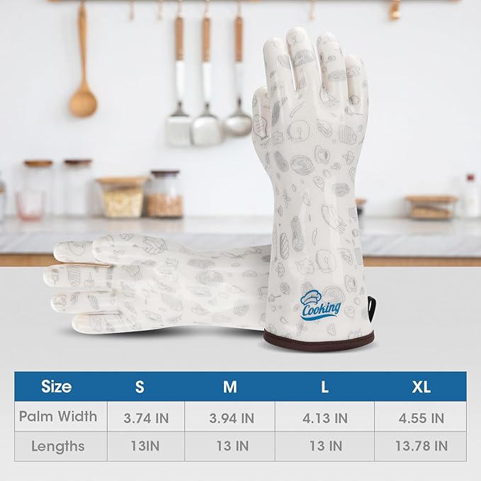 Heat Resistant Gloves Food Grade Oven Mitts Liquid Silicone with Nylon Line Reusable Waterproof for Women Handle Hot Food White Small