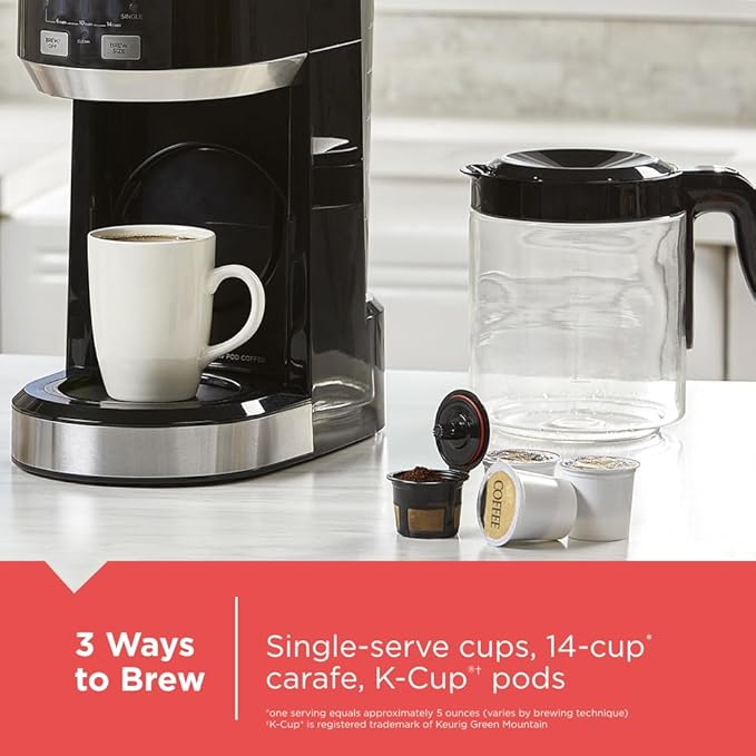 Black+Decker Dual Brew 14-Cup Carafe Single Serve Coffee Maker with Auto-Clean Function, Compact Design, K-Cup & Reusable Ground Filter Compatible with 70 oz. Water Reservoir & Fast Brew Technology