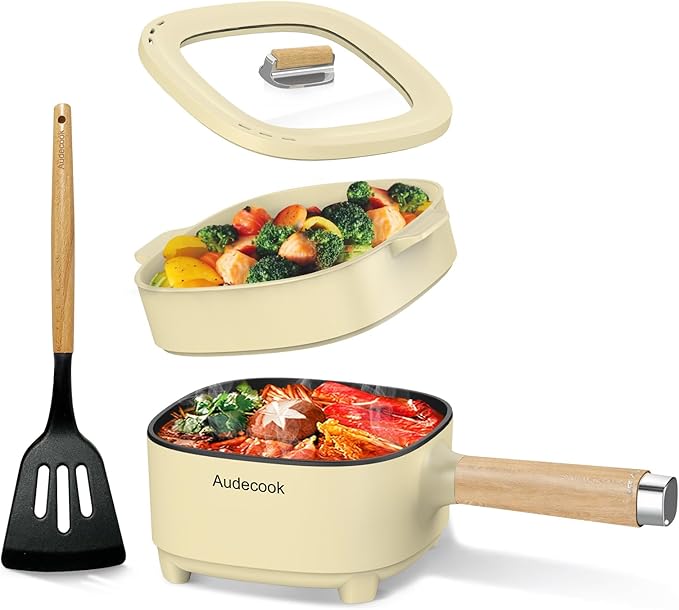 Audecook Hot Pot Electric 2L, Cermic Glaze Non-Stick Frying Pan 8 Inch, Portable Travel Cooker for Ramen/Steak/Fried Rice/Oatmeal/Soup, with Dual Power Control (Silicone Spatula Included)