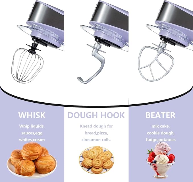 Multifunctional Stand Mixer, 6 in 1 Stand Mixer, 6.3Qt Tilt-head, Standing Mixer with Stainless Steel Bowl, Meat Grinder, Juice Blender, for professional Baking and Most Home Cooks, Purple