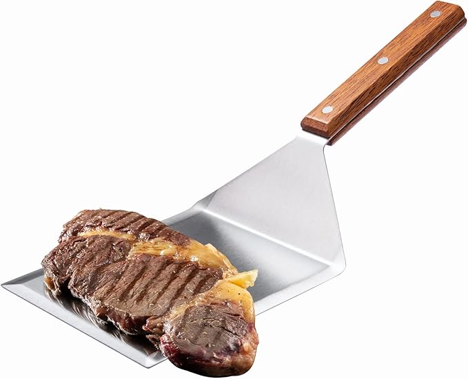 Extra Wide Spatula with Beveled Edges, Oversized Stainless-Steel Spatula with Wood Handle for Skillets, Griddles & Pancake Flipper for Burgers, Omelet, and Versatile for Culinary Task, 6 x 5-inches