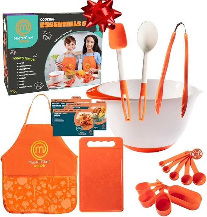 MasterChef Junior Cooking Essentials Set - 9 Pc. Kit Includes Recipes, Apron, Cutting Board, Mixing Bowl, Measure Cups, Spoons, Homemade Holiday Gifts