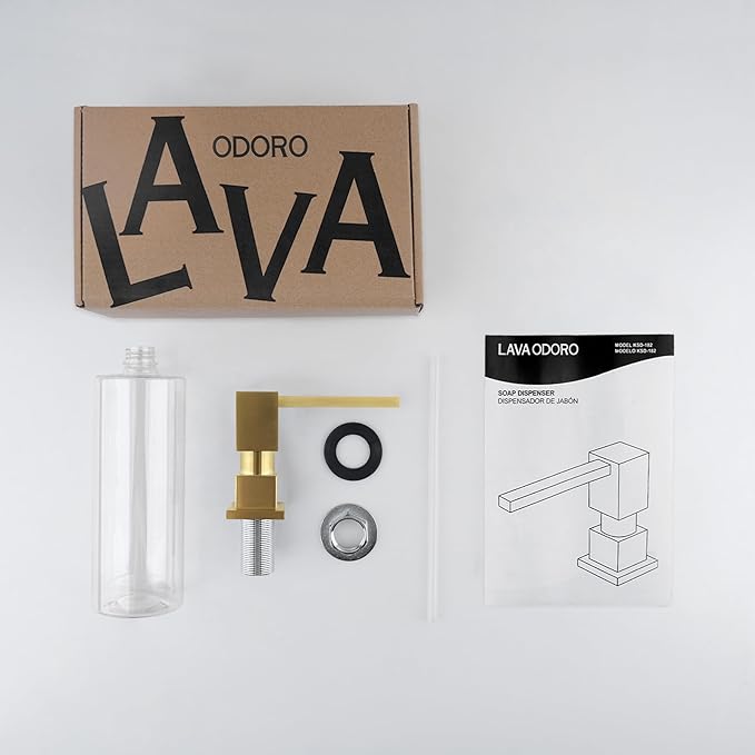 Lava Odoro Soap Dispenser for Kitchen Sink, Gold Sink Soap Dispenser Pump, Modern Square Built in Kitchen Sink Countertop Pump Dispenser with 18oz Refillable Bottle, Spot-Free KSD182-SG