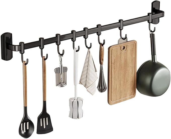 Utensil Hooks Kitchen Rail with Hooks Kitchen Hooks for Utensils Utensil Holder Wall Utensil Rack Kitchen Hooks,Black,45cm