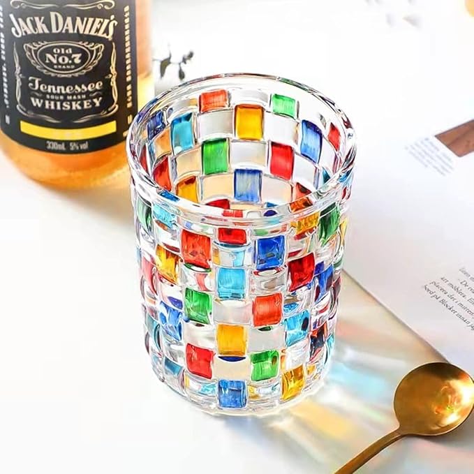 Colorful Drinking Glasses, Hand Painted Colored Water Glasses, Multicolor Water Glasse,Whiskey Wineglass Glasses,Tumbler Glasses (Weave)