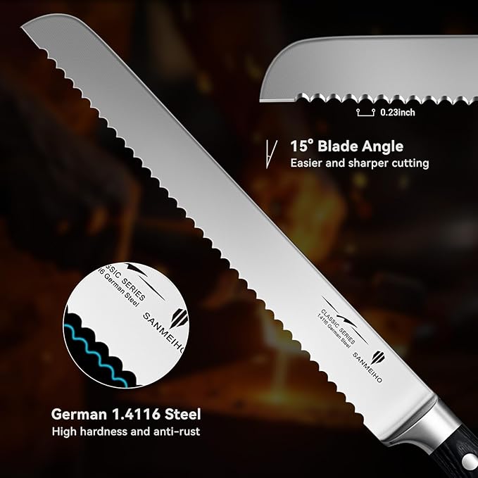 10" Bread Knife - Sourdough Slicing Knife Professional 5Cr15MoV Stainless Steel Serrated Knives, Ergonomic Wood Handle & Full Tang Design, Gift Box Included (Single-Edge