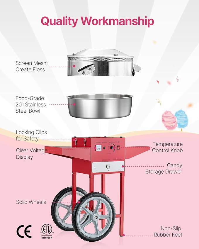 VEVOR Electric Cotton Candy Machine with Cart, 1000W Commercial Candy Floss Maker with 20.5 in Stainless Steel Bowl, Sugar Scoop, and Drawer, Easy to Use, for Home, Kids Birthday, Family Party, Red