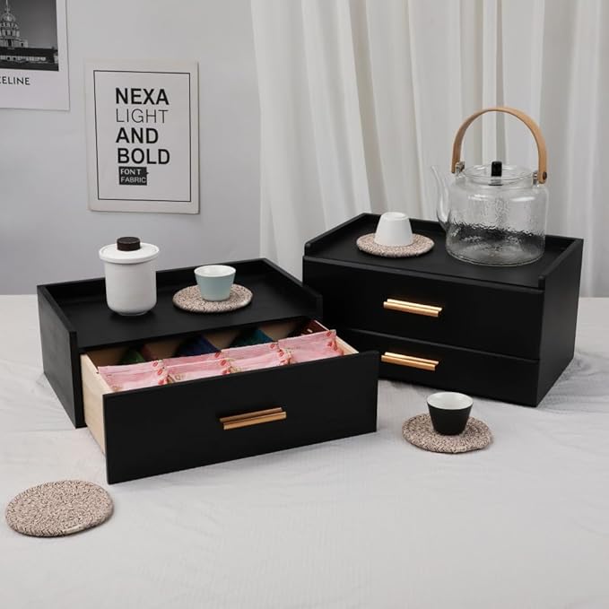 Tea Organizers and Storage Box with Drawer Tea Station organizer for Countertop with 8 Compartments Pine Wood Tea Bag Organizer with Drawer Teabag Holder with 4 Cotton Woven Coasters（Black02）