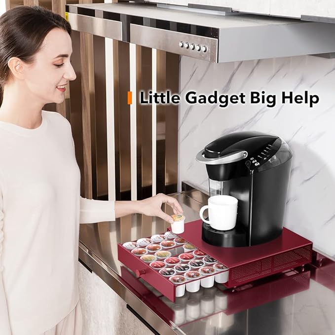 Goldlion K Cup Holder Sliding Tray Pull out Coffee Pod Organizer Rolling K Cup Organization Storage Drawer Countertop Maker Stand Rack Capsules Compatible with Keurig Accessories, Red