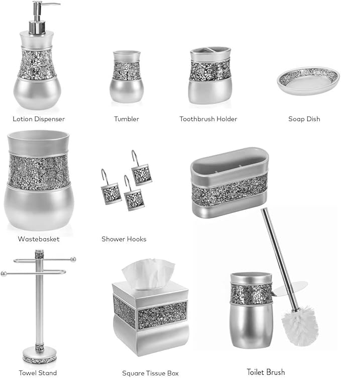Creative Scents Crackled Glass Silver Bathroom Accessories Set Complete - 6 Piece Bathroom Accessory Set Includes: Trash Can, Tissue Box Cover, Soap Dispenser, Toothbrush Holder, Soap Dish & Tumbler