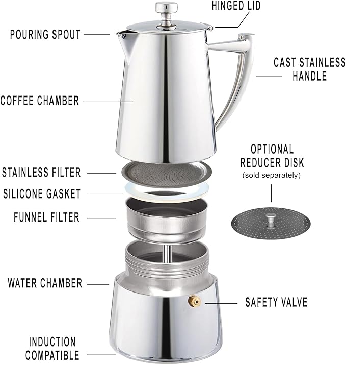 Cuisinox Roma Stovetop Espresso Maker COF-4R, Stainless Steel Coffee Percolator Stovetop, Heat-Resistant & Non-Reactive, 4-Cup Italian Espresso Maker Easy to Clean, Durable Stove Top Percolator