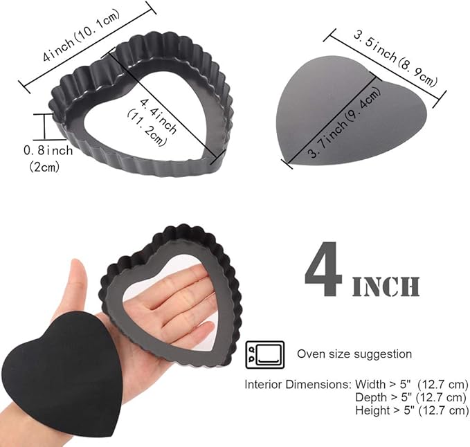 Mini Tart Pan Set of 6 Non-Stick 4 Inch Heart-shaped Quiche Pan with Removable Bottom Tart Pan for Pies, Quiche Bakeware, Muffin Molds, Cake Baking, Kitchen