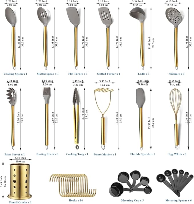 Gold Kitchen Utensils Set, Kyraton 38 Pieces Non-Stick Silicone Cooking Utensils Set, Spoon Spatula Set with Sturdy Stainless Steel Utensil Holder, Dishwasher Safe