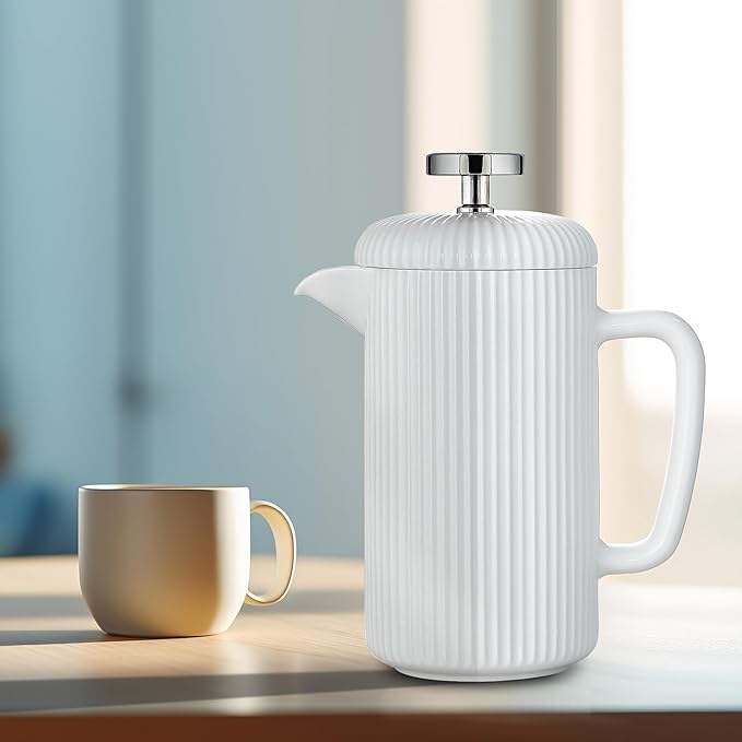 Easyworkz Porcelain French Press 22 fl oz, Coffee Tea Maker with Stainless Steel Plunger, Ivory