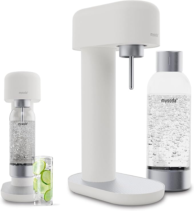 Mysoda Ruby 2 Carbonated Water Machine - Silent and Long-Lasting Aluminium Soda Maker with 1L Water Bottle - Without CO2 Cylinder - White