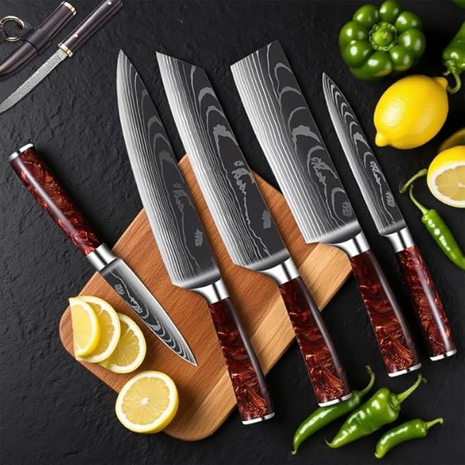 8-Piece Premium Japanese Kitchen Knife Set - Imperial Collection, Laser Damascus Pattern, 440A Stainless Steel Ultra Sharp for Fast Cutting (DMS-8A-Red)