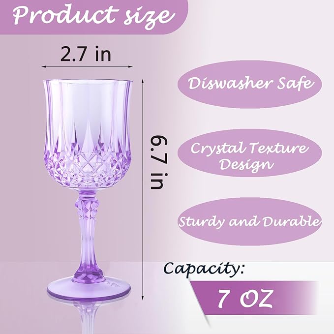 Plastic Wine Glasses, Plastic Goblets Vintage Style Cordial Unbreakable Drinking Glasses, Reusable Drinkware for Wedding Reception, Grand Event Party Supplies (12, Purple)