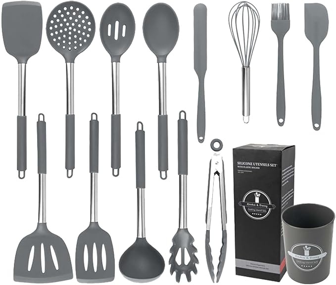 Silicone Kitchen Tools - Non - Stick, Anti - Slip, High - Temperature Resistant, Scald - Proof 14 - Piece Set with Stainless Steel Tube Handles & a Storage Bucket (Red)