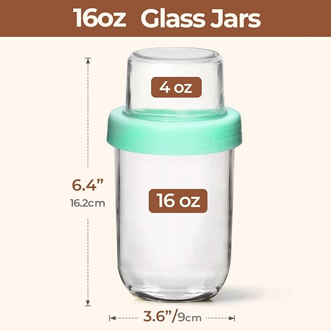 ComSaf Overnight Oats Containers with Lids (16oz+4oz, 4Pcs), Dual-Laryer Chia Pudding Jars with Dry and Wet Separation, Yogurt Parfait Cups for Oatmeal Cereal Nut Fruit, Meal Prep Glass Jars for Salad