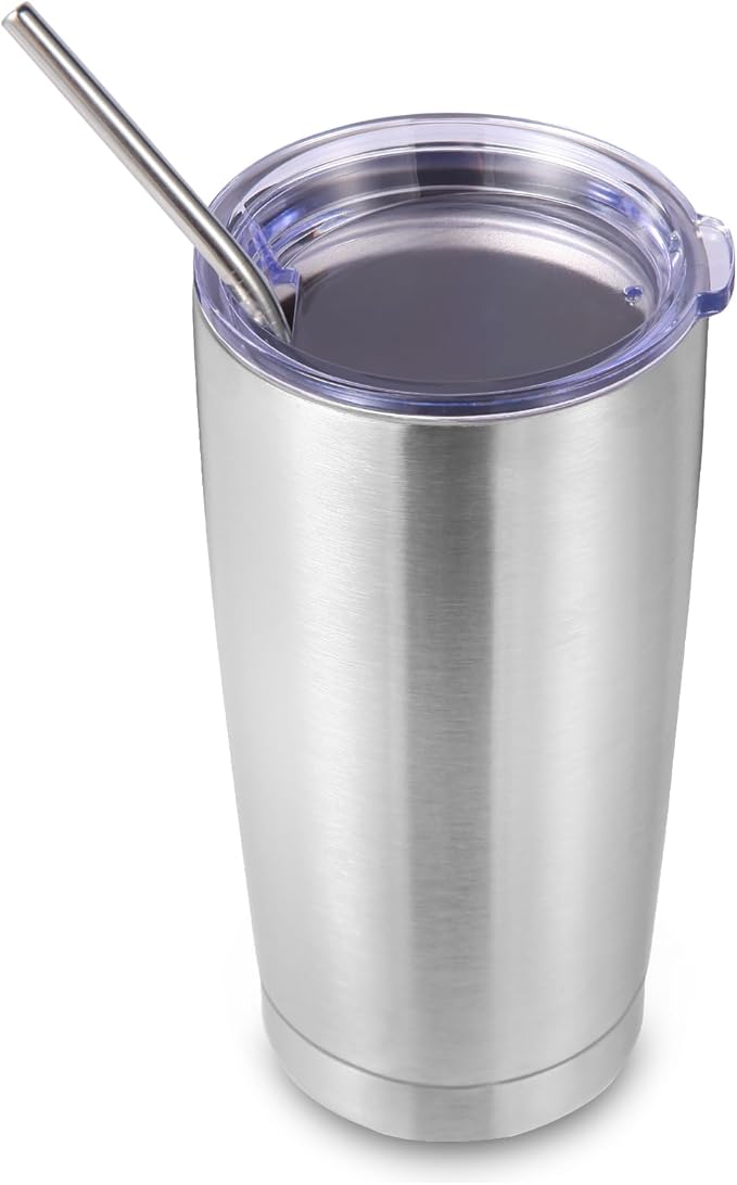 Volhoply 20oz Stainless Steel Tumbler with Lid and Straw,Double Wall Insulated Travel Iced Coffee Mug Fits Car Cup Holder,Powder Coated Cups for Hot and Cold Drinks,Gifts for Women Men（Silver,1 Set）