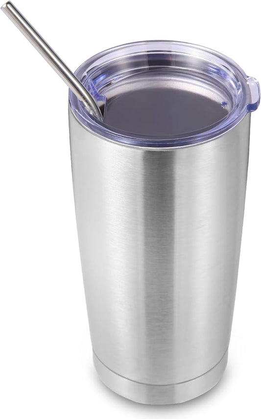Volhoply 20oz Stainless Steel Tumbler with Lid and Straw,Double Wall Insulated Travel Iced Coffee Mug Fits Car Cup Holder,Powder Coated Cups for Hot and Cold Drinks,Gifts for Women Men（Silver,1 Set）
