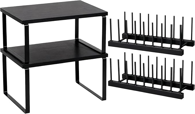 Marsui 4 Pcs Kitchen Organizer Accessories Set Cabinet Organizer Shelf and Bamboo Dish Drying Plate Rack Counter Shelves Storage Holder for Spice Rack, Dish, Pot Lid, Bowl, Cup (Black)