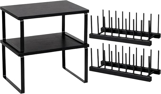 Marsui 4 Pcs Kitchen Organizer Accessories Set Cabinet Organizer Shelf and Bamboo Dish Drying Plate Rack Counter Shelves Storage Holder for Spice Rack, Dish, Pot Lid, Bowl, Cup (Black)