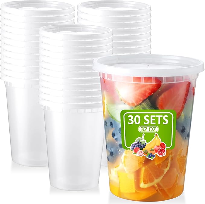 NEEBAKE 30 Set 32oz Deli-Containers-with-Lids, Airtight Food-Storage-Containers, Microwaveable & Freezer Safe Plastic-Storage-Containers-with-Lids, Soup Slime Overnight Oat To-Go-Containers