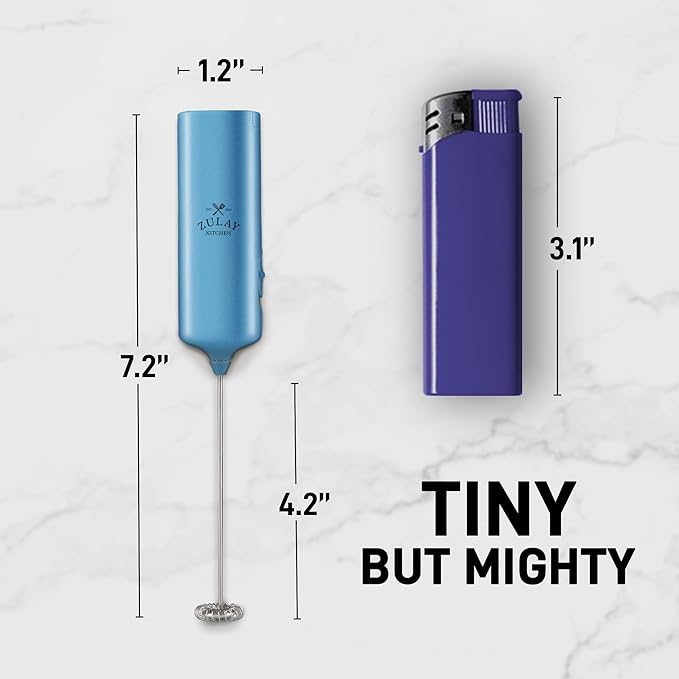 Mini & Mighty Milk Frother Wand – Powerful Handheld Coffee Frother, Battery Operated Drink Mixer – Compact Pocket Size – Detachable Whisk for Latte, Cappuccino, Matcha, Hot Chocolate – Metallic Blue