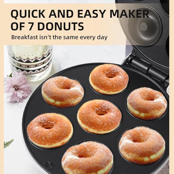 DSP Mini Donut Maker - Non-Stick, Cool Touch Electric Doughnut Machine for Mini Donuts - Perfect for Breakfast, Snacks & Desserts (White, 7 Donuts)