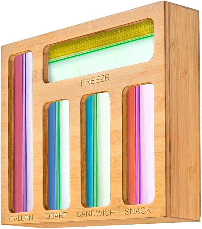 Bag Storage Organizer for Kitchen Drawer, Bamboo Organizer, Compatible with Gallon, Quart, Sandwich and Snack Variety Size Bag (1 Box 5 Slots)