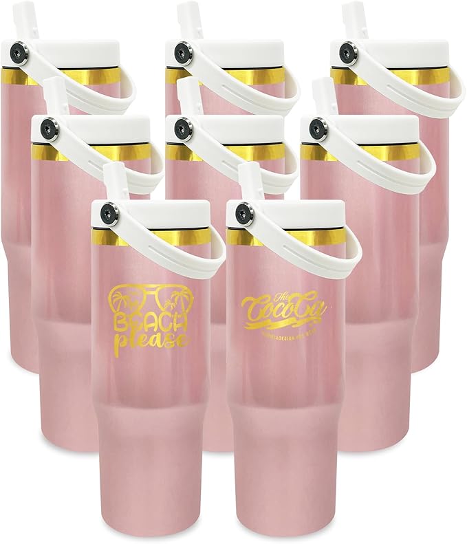 30 oz Tumbler Bulk with Handle and Straw, Vacuum Insulated Tumblers with Flip Straw and Top Handle, Leakproof Powder Coated Tumbler, Stainless Steel Travel Mug for Coffee (RoseGold, 8 Pack)