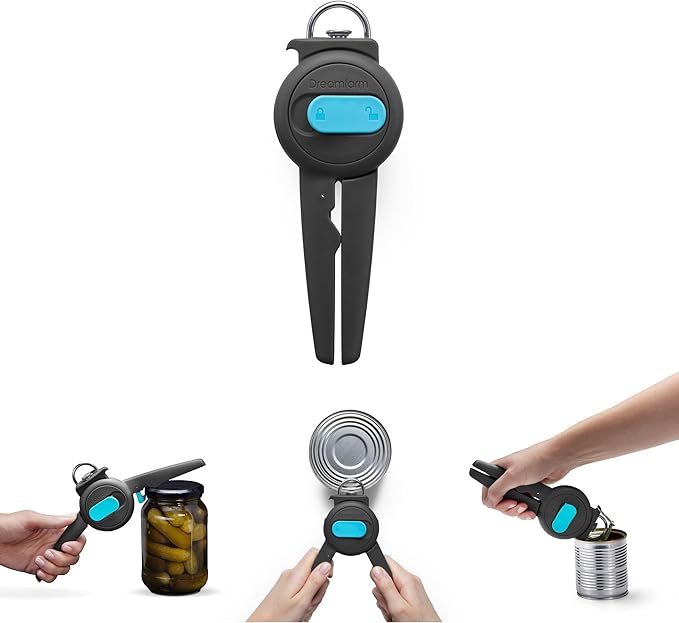 Dreamfarm Dopener 3-In-1 Ergonomic Can Opener Smoothes Can Edges for Safe Removal with Jar Lid Seal-Breaker & Can Ring Puller - Black