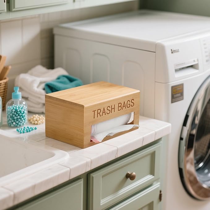 Bamboo Garbage Bag Dispenser Roll Holder - Wall Mount Trash Bag Organizer for 13-33 Gallons, Under Sink Kitchen Grocery Bag Storage Container, Not Suitable for Large Roll